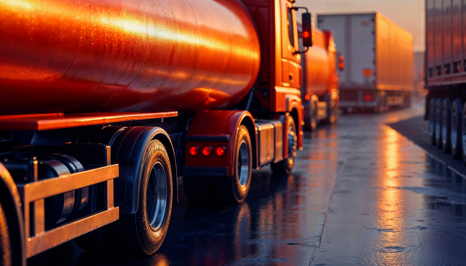 Commercial fuel transport road tanker convoy at sunset